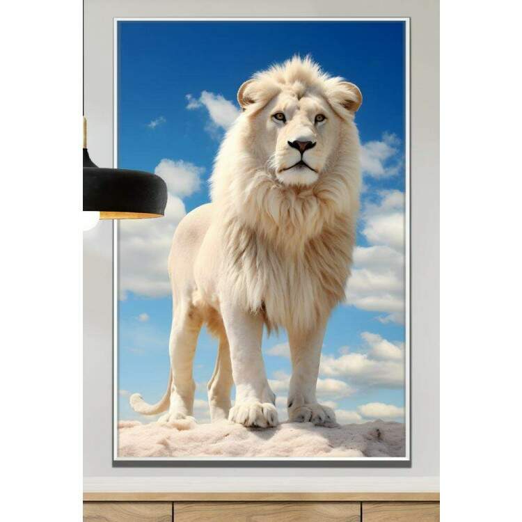 Quadro Decorativo Leo Branco Poderoso com Belo Cu no Fundo