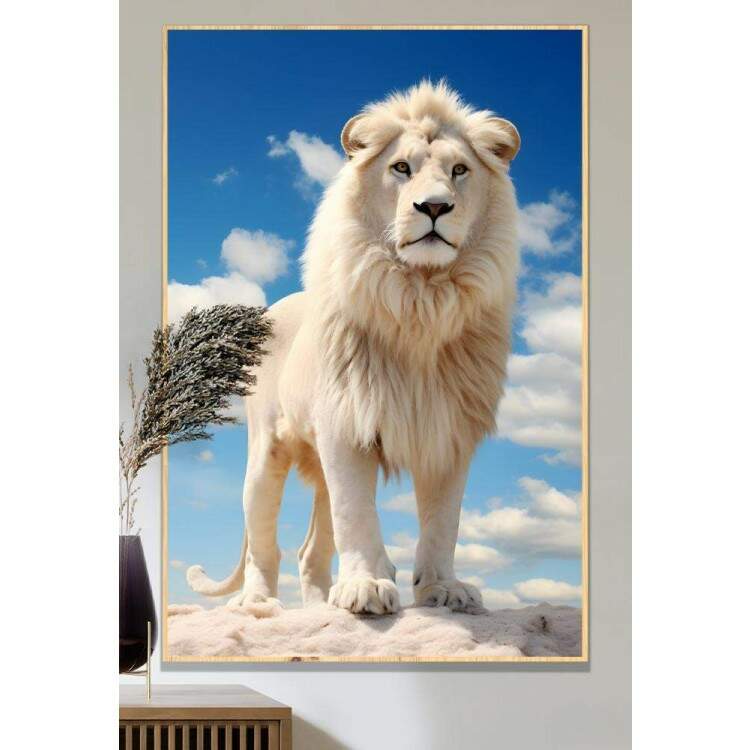 Quadro Decorativo Leo Branco Poderoso com Belo Cu no Fundo