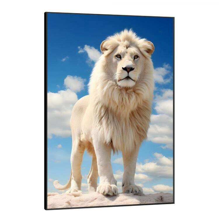 Quadro Decorativo Leo Branco Poderoso com Belo Cu no Fundo