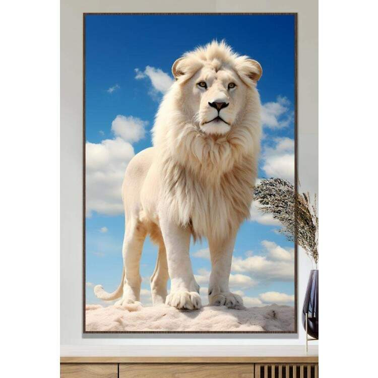 Quadro Decorativo Leo Branco Poderoso com Belo Cu no Fundo