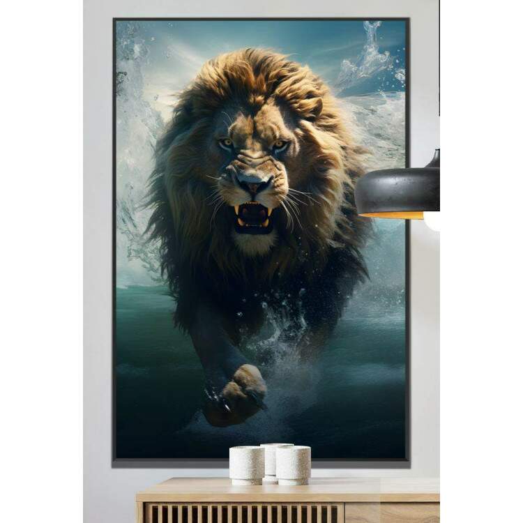Quadro Decorativo Leo Poderoso com Seu Instinto Selvagem Correndo Sobre Rio
