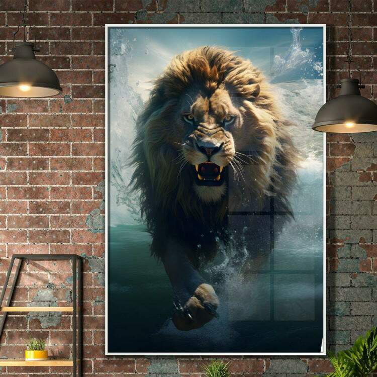 Quadro Decorativo Leo Poderoso com Seu Instinto Selvagem Correndo Sobre Rio