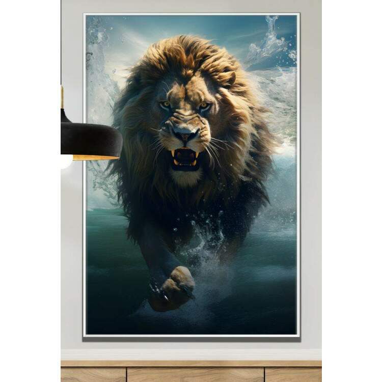Quadro Decorativo Leo Poderoso com Seu Instinto Selvagem Correndo Sobre Rio