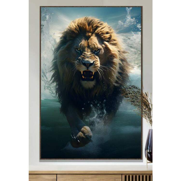 Quadro Decorativo Leo Poderoso com Seu Instinto Selvagem Correndo Sobre Rio