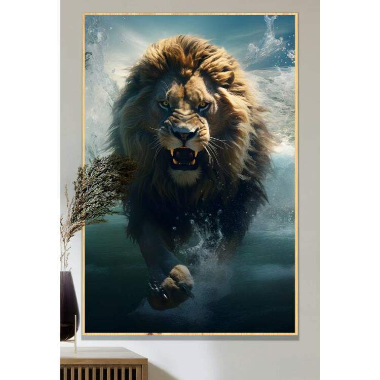Quadro Decorativo Leo Poderoso com Seu Instinto Selvagem Correndo Sobre Rio