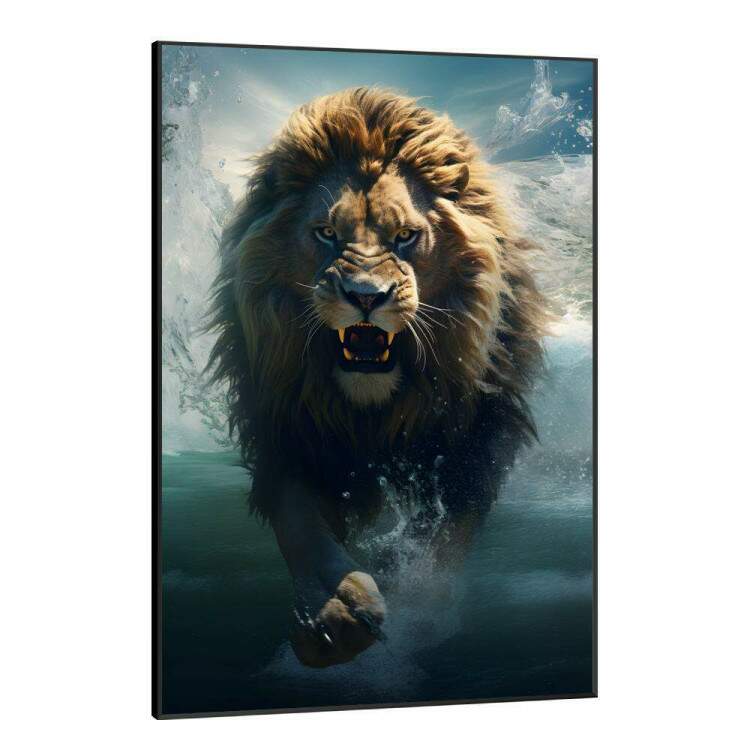 Quadro Decorativo Leo Poderoso com Seu Instinto Selvagem Correndo Sobre Rio