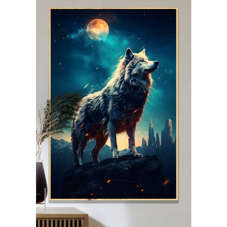 Quadro Decorativo Lobo Com Seu Instinto Selvagem e Fascas de Fogo com Luar de Fundo