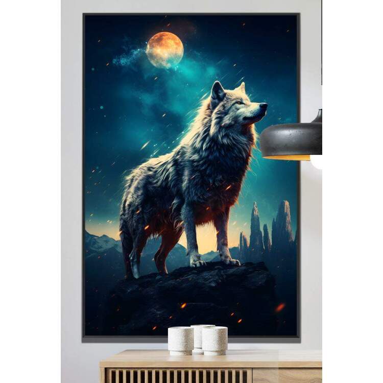 Quadro Decorativo Lobo Com Seu Instinto Selvagem e Fascas de Fogo com Luar de Fundo