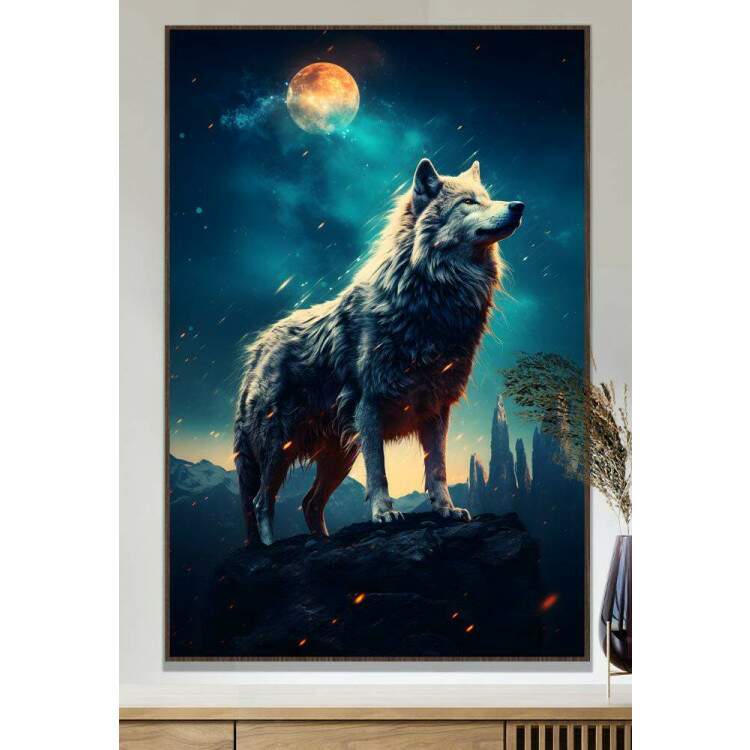 Quadro Decorativo Lobo Com Seu Instinto Selvagem e Fascas de Fogo com Luar de Fundo