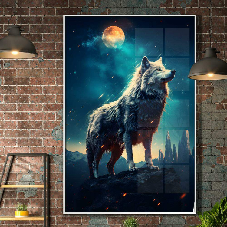 Quadro Decorativo Lobo Com Seu Instinto Selvagem e Fascas de Fogo com Luar de Fundo