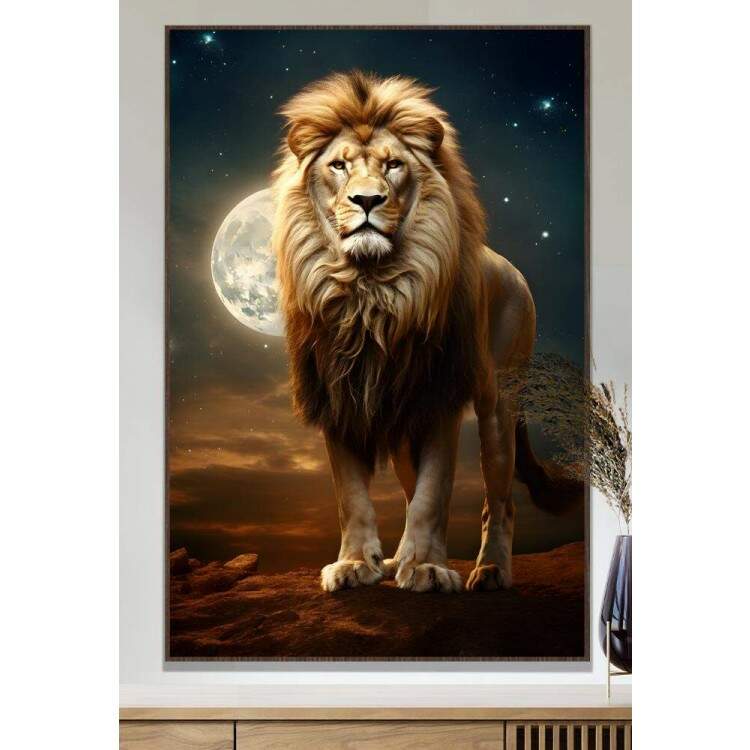 Quadro Decorativo Leo Poderoso e Majestoso Com Belo Luar de Fundo