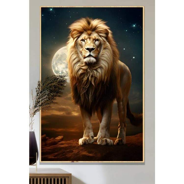 Quadro Decorativo Leo Poderoso e Majestoso Com Belo Luar de Fundo