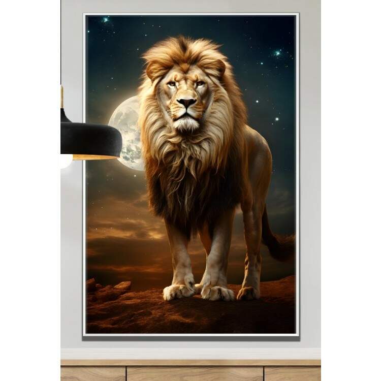Quadro Decorativo Leo Poderoso e Majestoso Com Belo Luar de Fundo