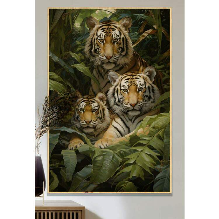 Quadro Decorativo Famlia de Tigres no Meio da Selva