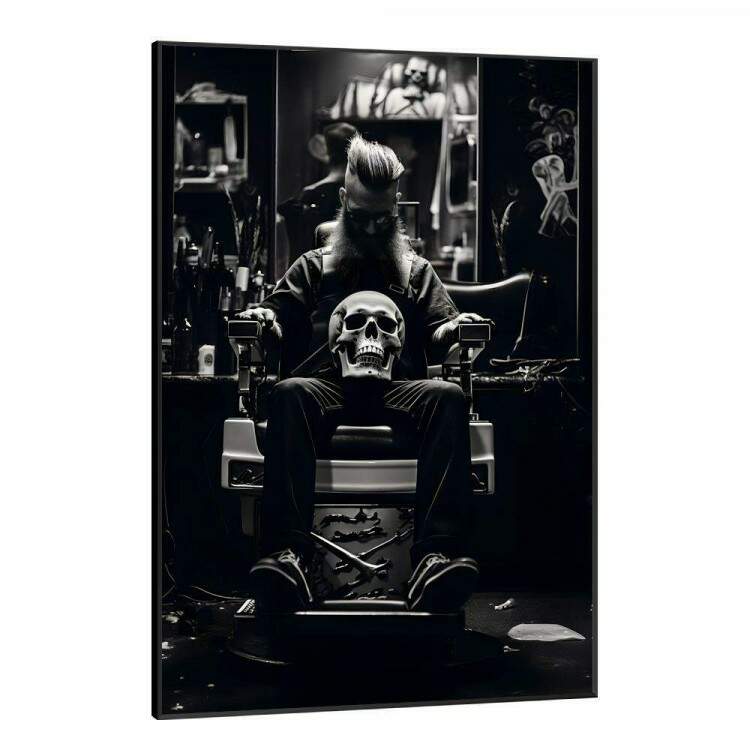 Quadro Decorativo Barbearia Homem Sentado com Crnio de Caveira no Colo