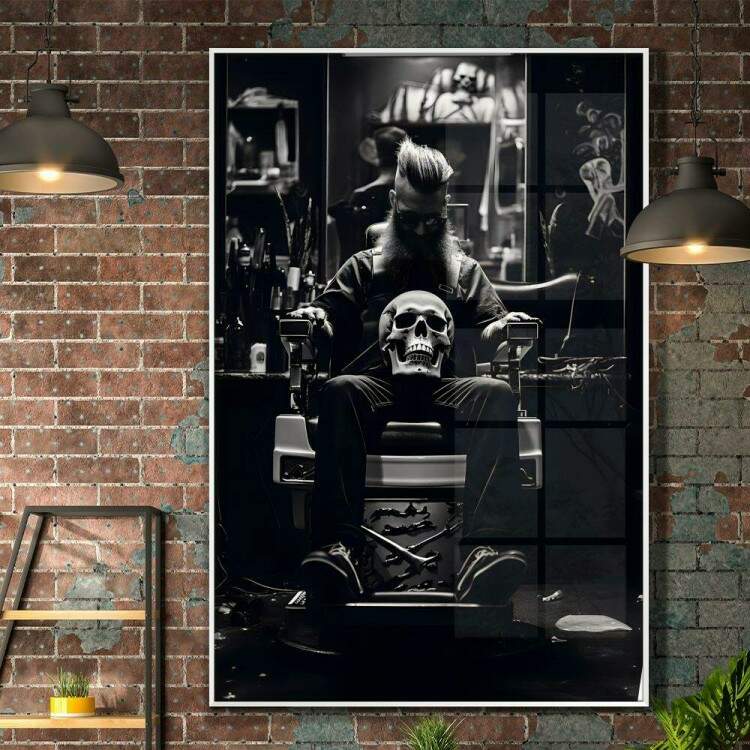 Quadro Decorativo Barbearia Homem Sentado com Crnio de Caveira no Colo