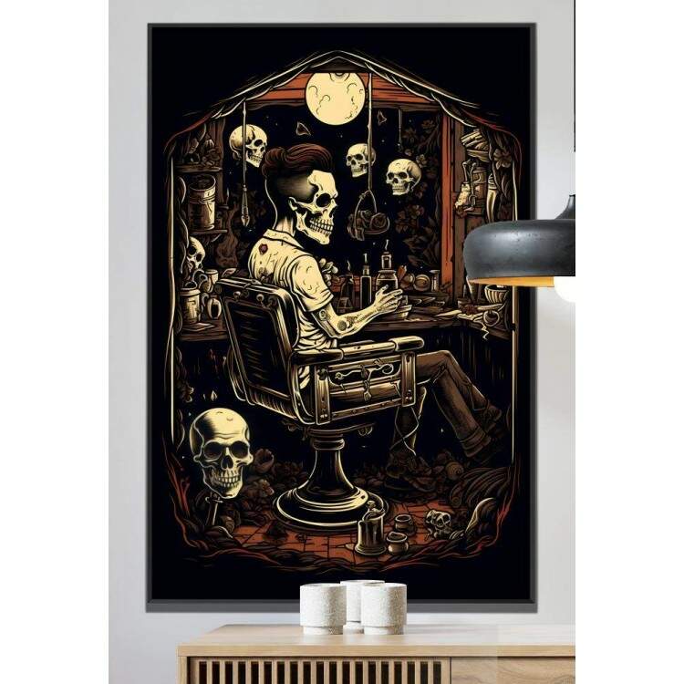 Quadro Decorativo Barbearia Caveiras Estilo Old School