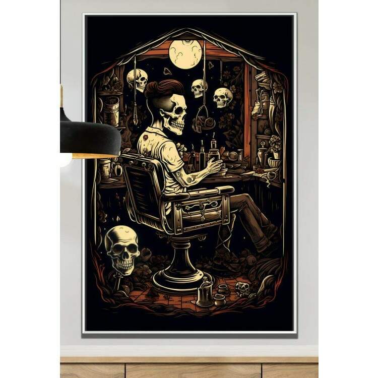 Quadro Decorativo Barbearia Caveiras Estilo Old School