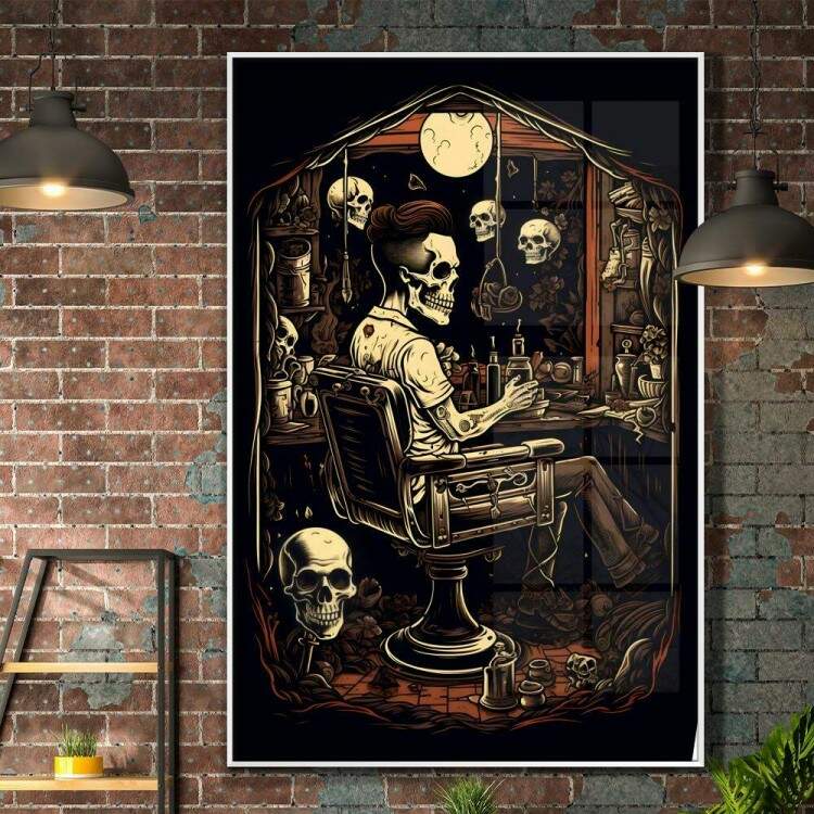 Quadro Decorativo Barbearia Caveiras Estilo Old School