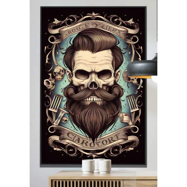 Quadro Decorativo Barbearia Caveira com Barba e Cabelo em Fundo Azul e Preto
