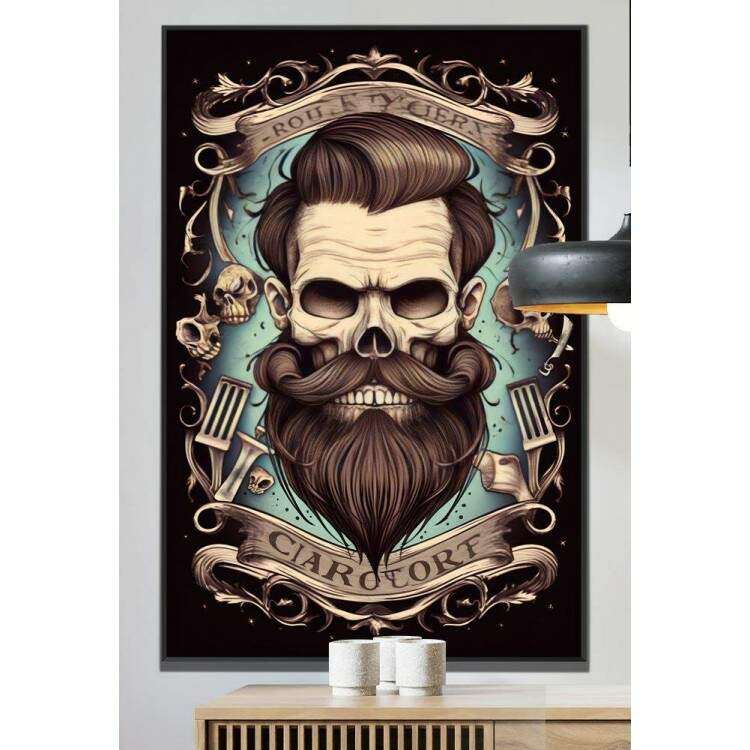 Quadro Decorativo Barbearia Caveira com Barba e Cabelo Feito com Fundo Azul e Preto