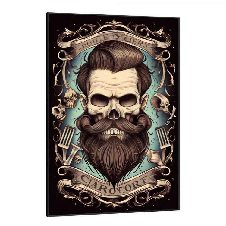 Quadro Decorativo Barbearia Caveira com Barba e Cabelo em Fundo Azul e Preto