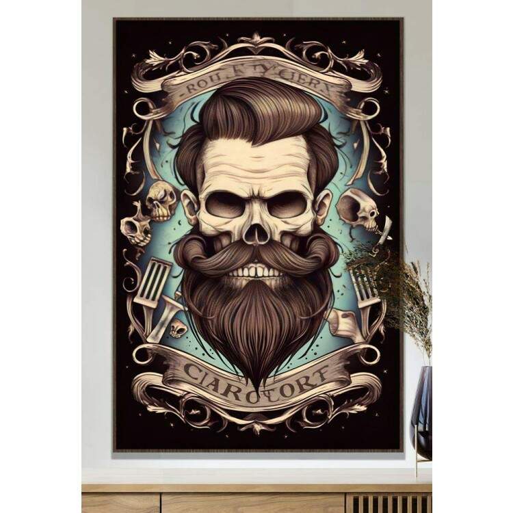 Quadro Decorativo Barbearia Caveira com Barba e Cabelo em Fundo Azul e Preto