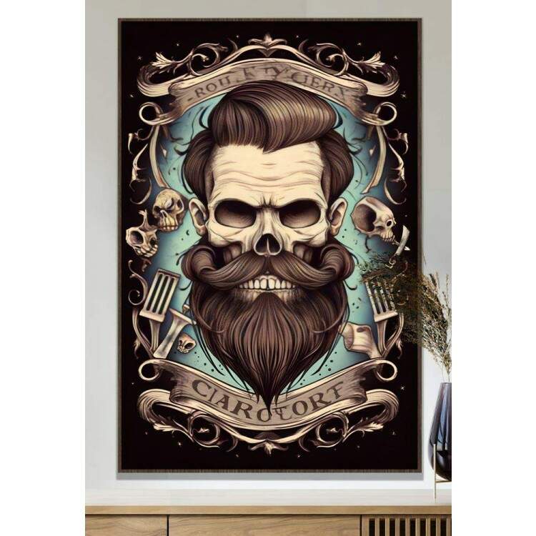 Quadro Decorativo Barbearia Caveira com Barba e Cabelo Feito com Fundo Azul e Preto