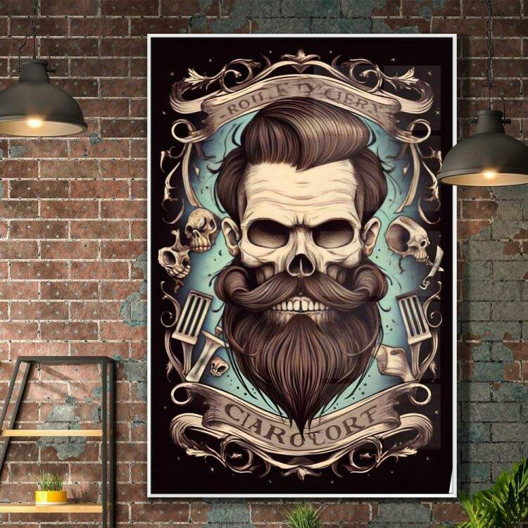 Quadro Decorativo Barbearia Caveira com Barba e Cabelo em Fundo Azul e Preto