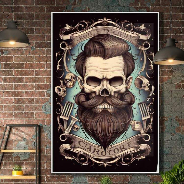 Quadro Decorativo Barbearia Caveira com Barba e Cabelo Feito com Fundo Azul e Preto