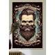Quadro Decorativo Barbearia Caveira com Barba e Cabelo em Fundo Azul e Preto