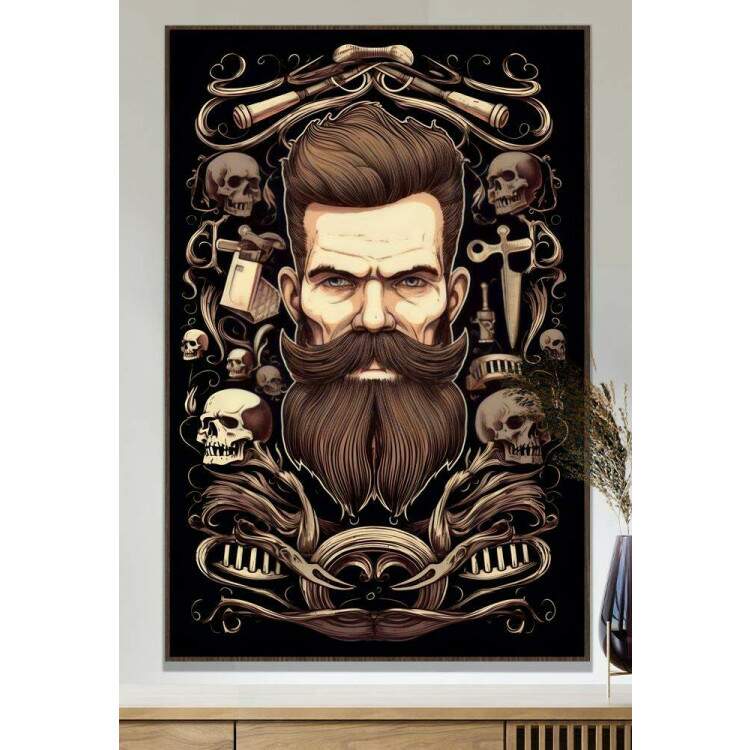 Quadro Decorativo Barbearia Homem Barbudo com um Belo Cabelo e Fundo de Caveiras