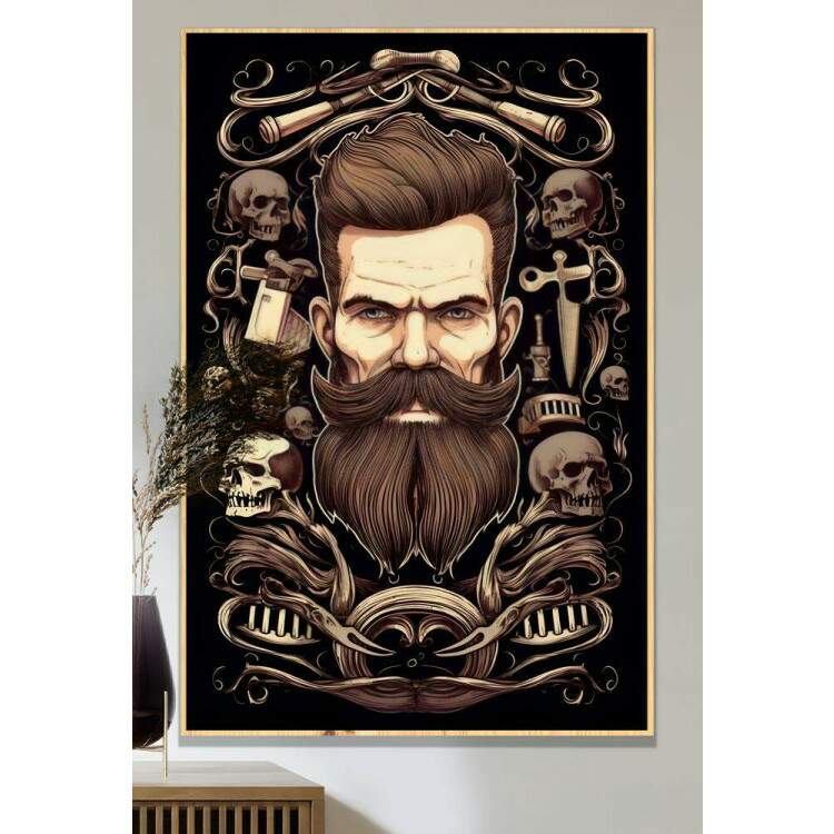 Quadro Decorativo Barbearia Homem Barbudo com um Belo Cabelo e Fundo de Caveiras