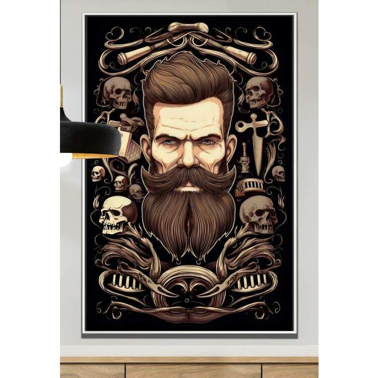 Quadro Decorativo Barbearia Homem Barbudo com um Belo Cabelo e Fundo de Caveiras