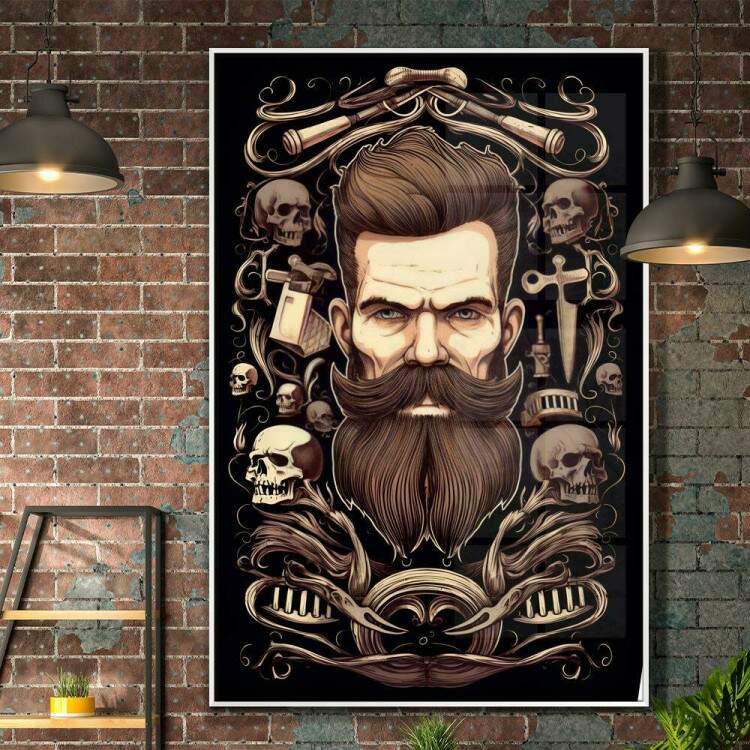 Quadro Decorativo Barbearia Homem Barbudo com um Belo Cabelo e Fundo de Caveiras