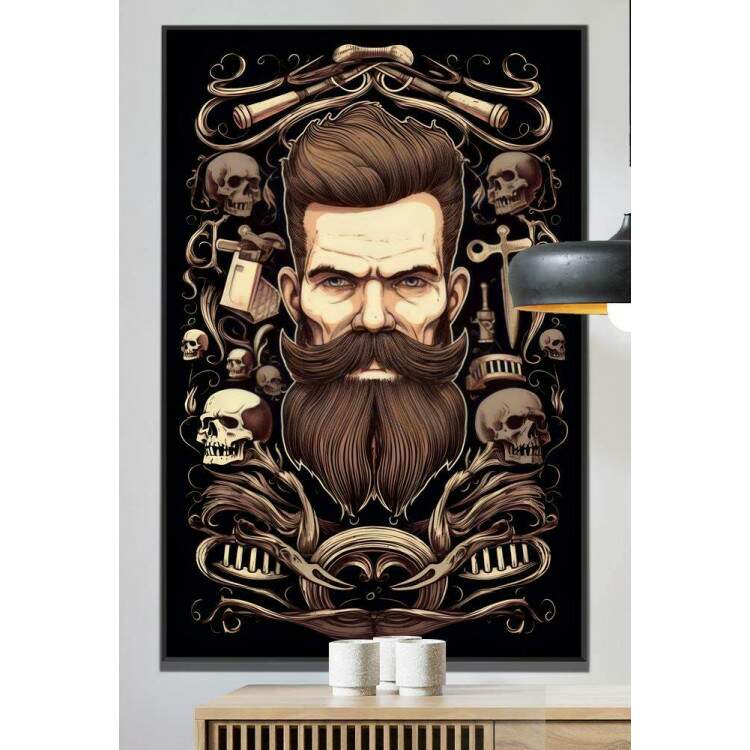 Quadro Decorativo Barbearia Homem Barbudo com um Belo Cabelo e Fundo de Caveiras