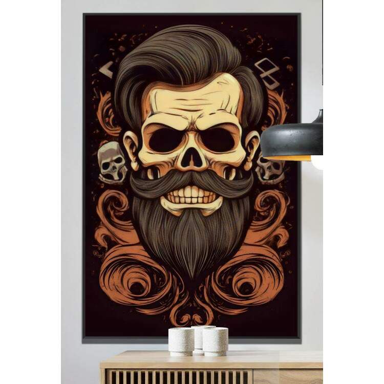 Quadro Decorativo Barbearia Caveira com Belo Cabelo e Expresso Nervosa