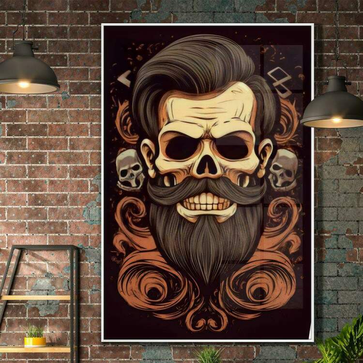 Quadro Decorativo Barbearia Caveira com Belo Cabelo e Expresso Nervosa