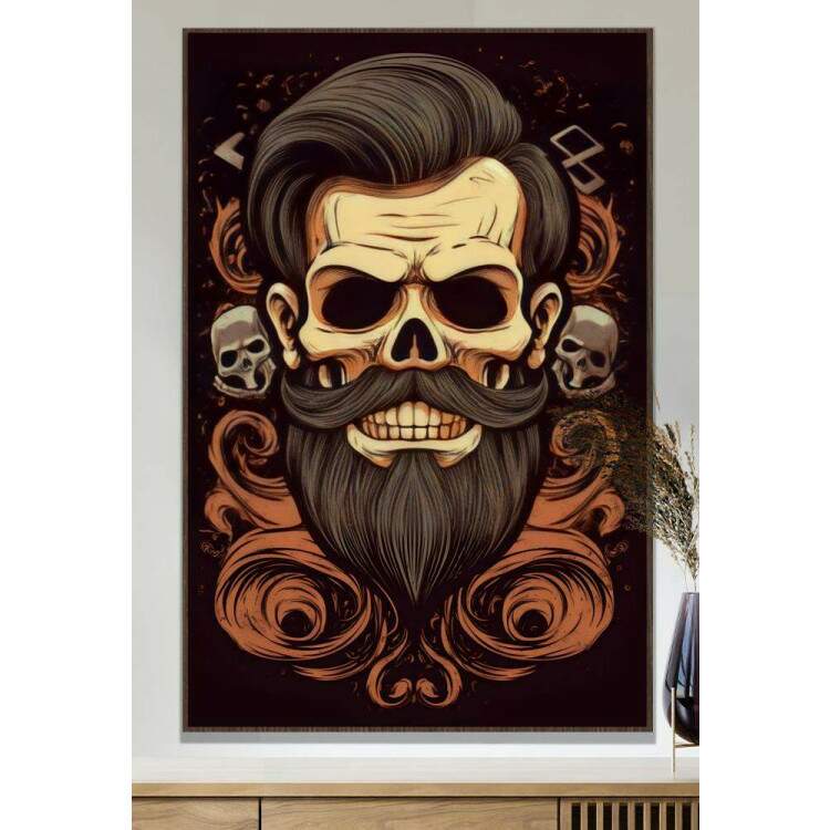 Quadro Decorativo Barbearia Caveira com Belo Cabelo e Expresso Nervosa