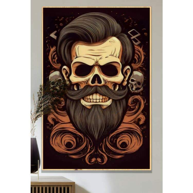 Quadro Decorativo Barbearia Caveira com Belo Cabelo e Expresso Nervosa