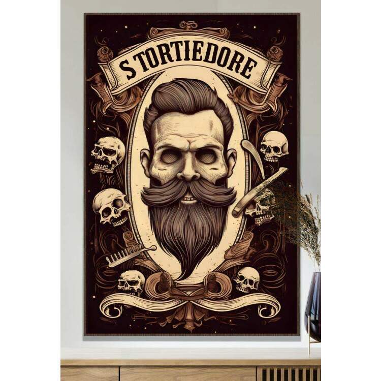 Quadro Decorativo Barbearia Face de Caveira com Crnios e Utenslios de Corte