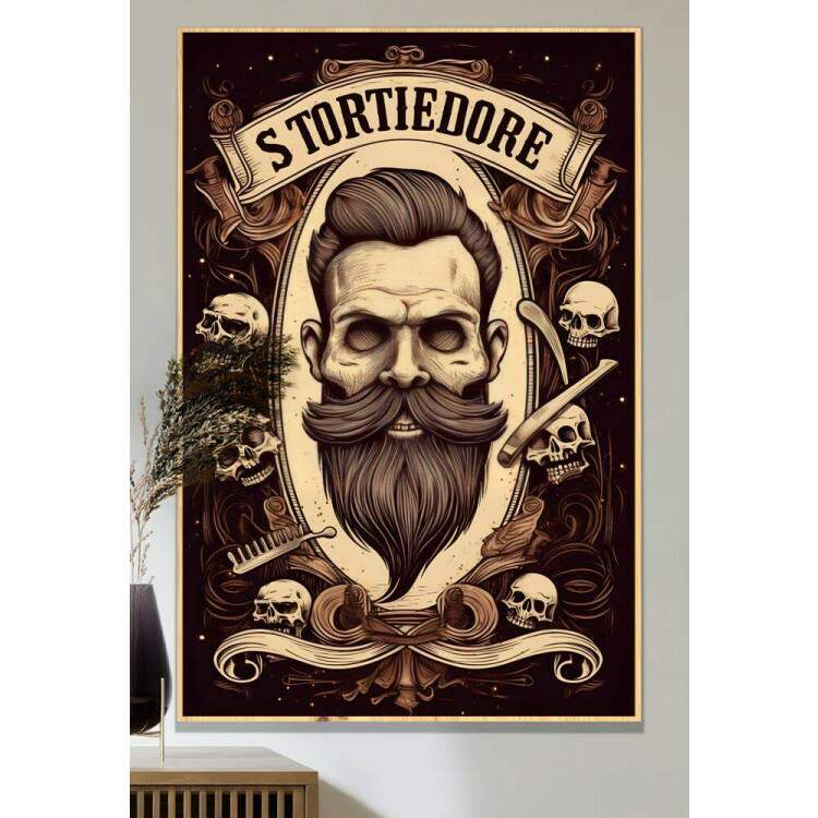 Quadro Decorativo Barbearia Face de Caveira com Crnios e Utenslios de Corte