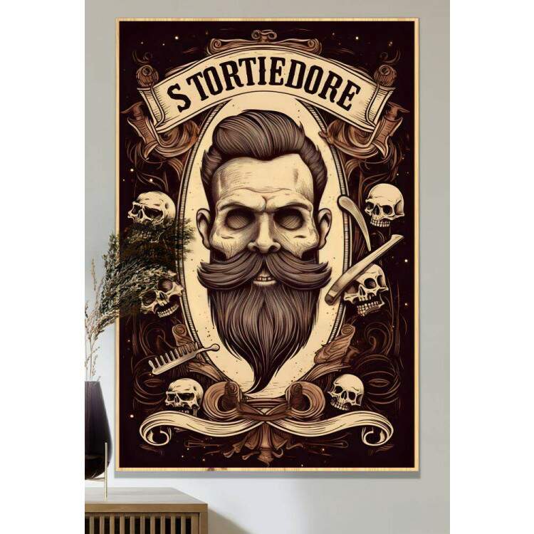 Quadro Decorativo Barbearia Face de Caveira com Crnios e Utenslios de Corte