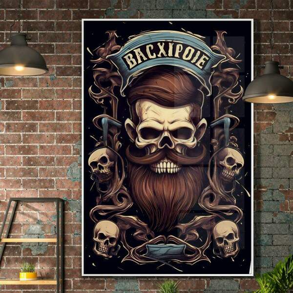 Quadro Decorativo Barbearia Caveira com Belo Cabelo e Crnios no Fundo