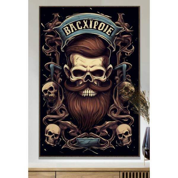 Quadro Decorativo Barbearia Caveira com Belo Cabelo e Crnios no Fundo