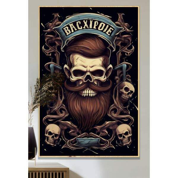 Quadro Decorativo Barbearia Caveira com Belo Cabelo e Crnios no Fundo