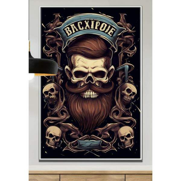 Quadro Decorativo Barbearia Caveira com Belo Cabelo e Crnios no Fundo