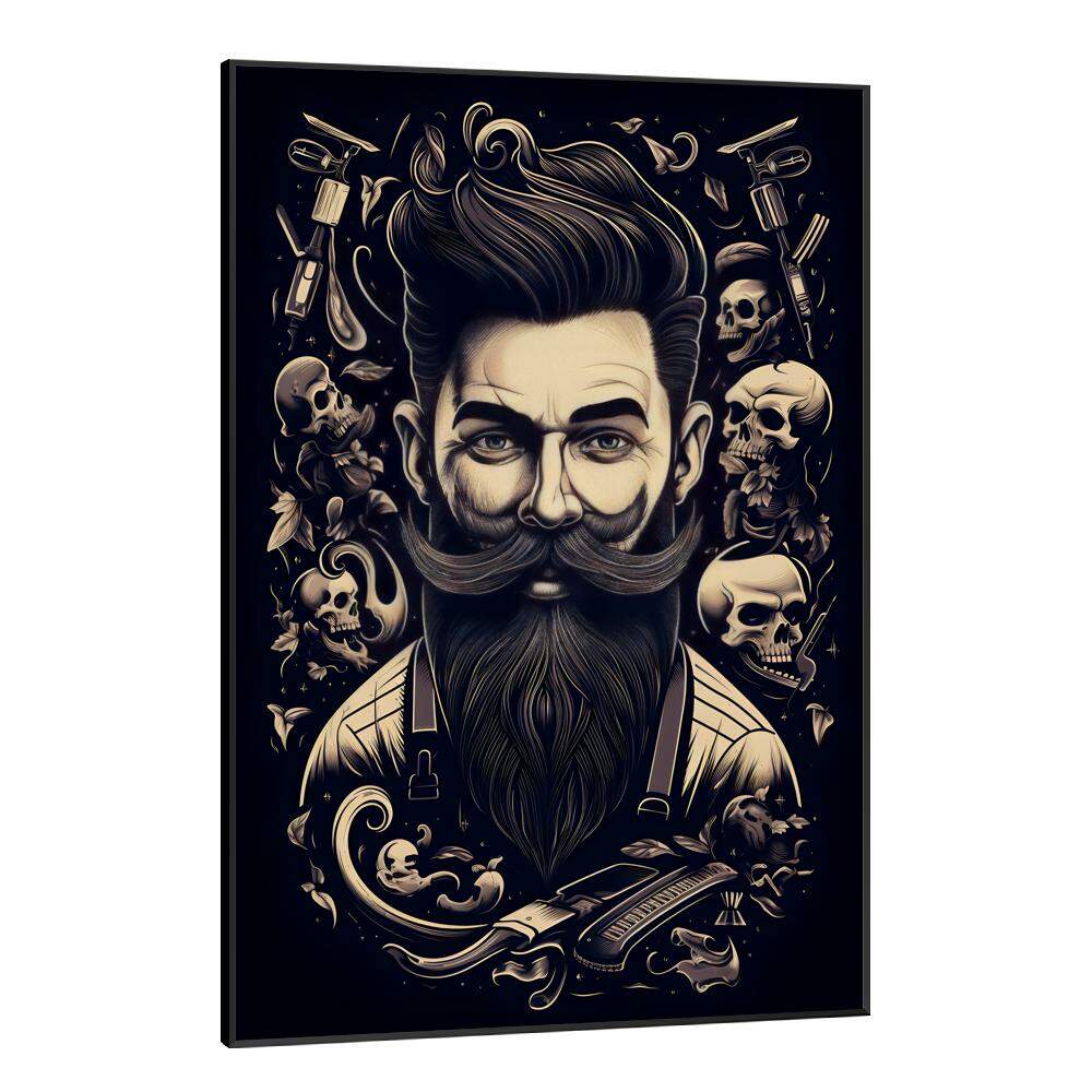 Quadro Decorativo Barbearia Homem Barbudo com Caveiras no Fundo