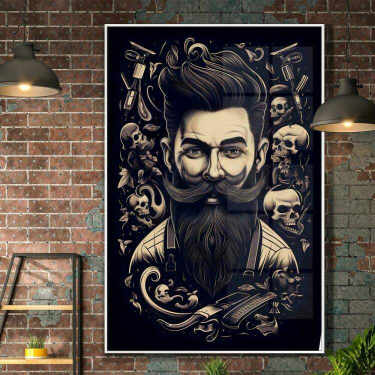 Quadro Decorativo Barbearia Homem Barbudo com Caveiras no Fundo