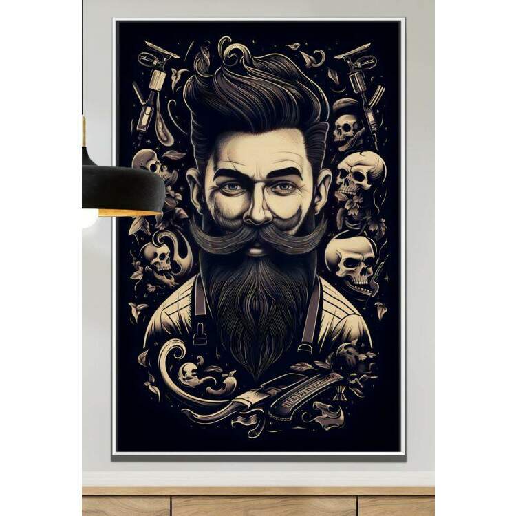 Quadro Decorativo Barbearia Homem Barbudo com Caveiras no Fundo